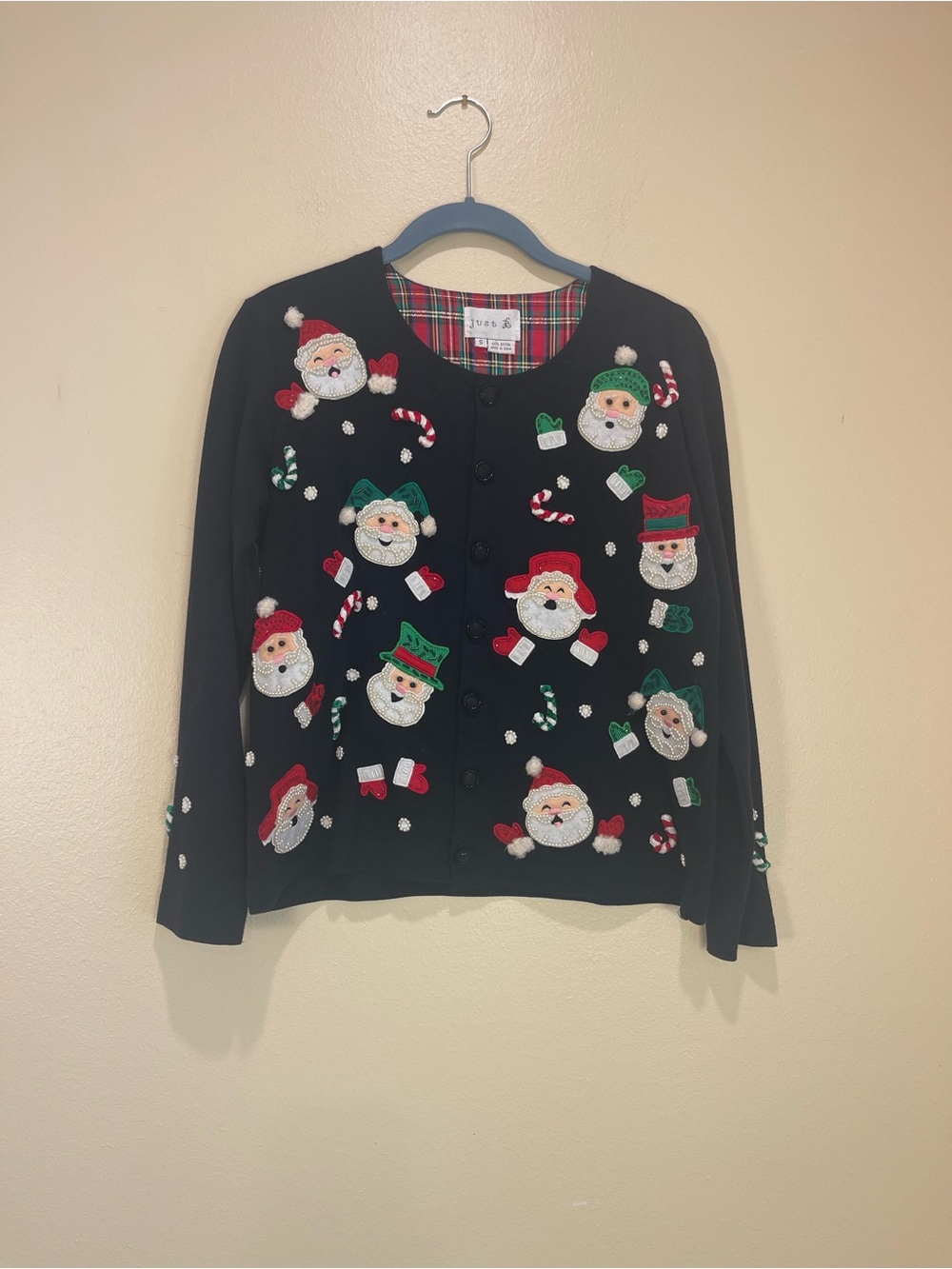 Just B Santa Christmas Cardigan Beaded Applique Beaded Ugly Holiday Sweater S